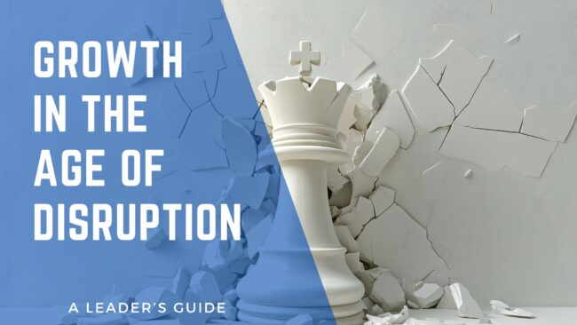Growth in the Age of Disruption with a king chess piece breaking through a wall