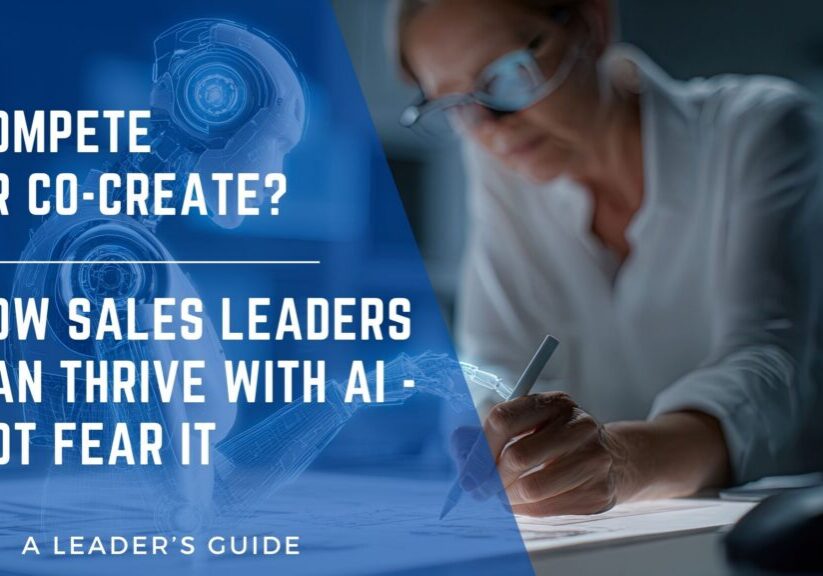 Compete or Co-Create? graphic of a woman writing with help from a robot with the words How Sales Leaders Can Thrive with AI - Not Fear It for Nathan Jamail's leadership playbook blog