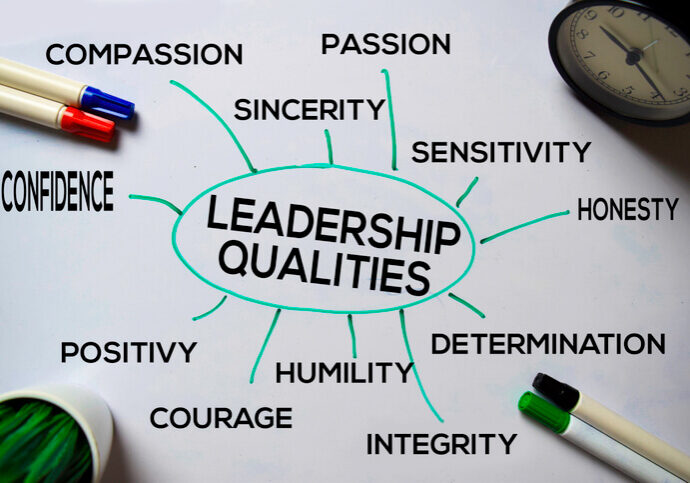 Leadership Qualities text with keywords isolated on white board background. Chart or mechanism concept.
